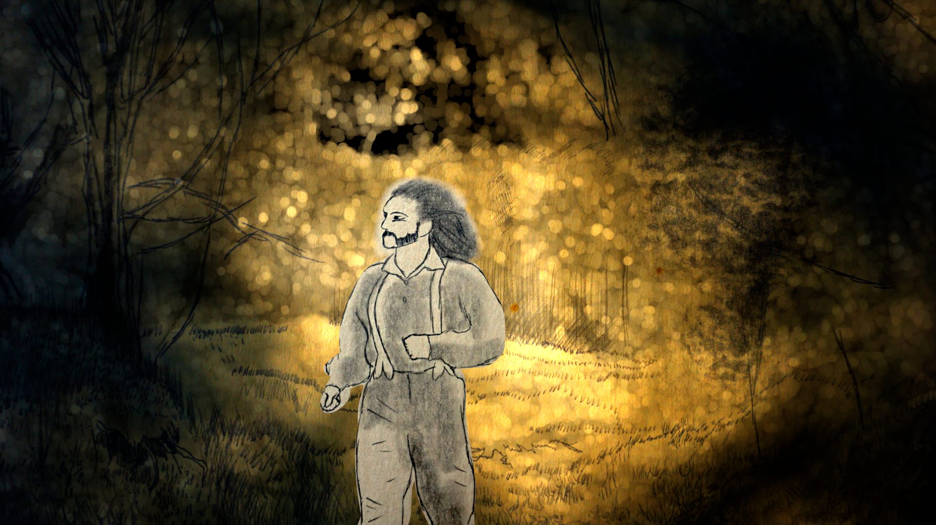 Sketch-style scene of a frontiersman